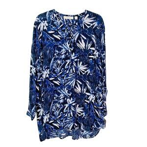 Sejour Shirt 16W Tie Neck LS Floral Tunic Navy Blue White Pockets Stretch New